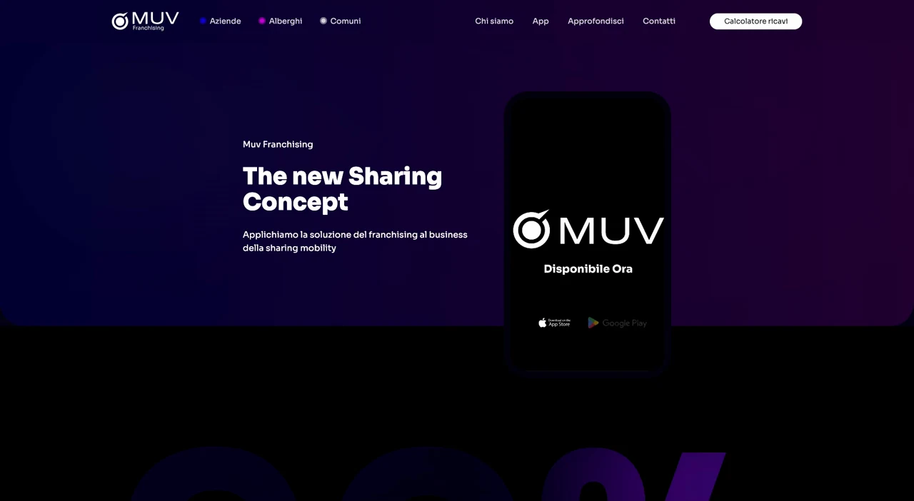 Sito MUV: interfaccia viola per un progetto di sharing
