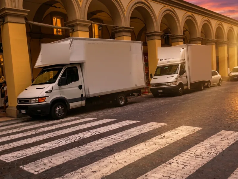 Due furgoni Franzini sotto i portici, accanto alle strisce pedonali