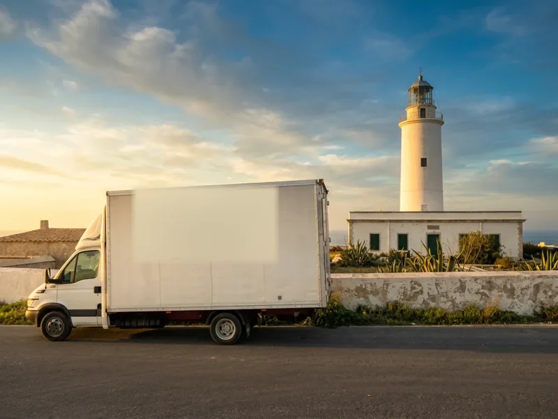 Furgone Franzini Paolo Traslochi accanto a un faro bianco, al tramonto