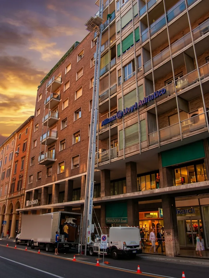 Furgoni Franzini e scala montacarichi lungo un palazzo in città, al tramonto
