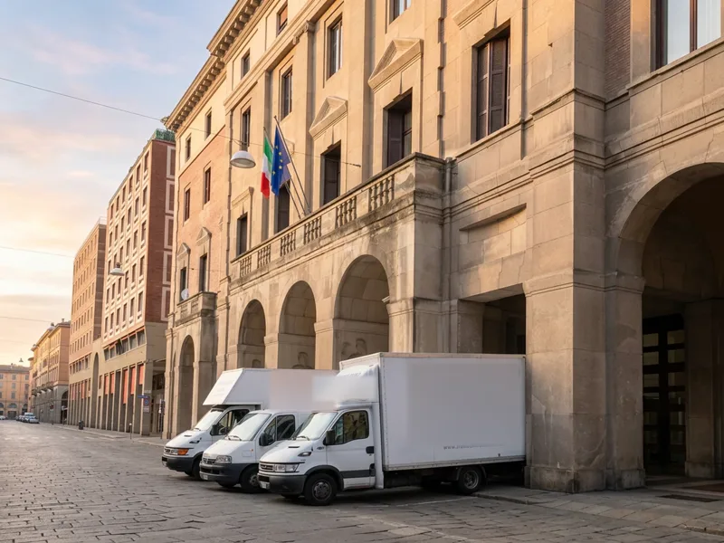 Tre furgoni Franzini parcheggiati davanti a un palazzo con le arcate e le bandiere
