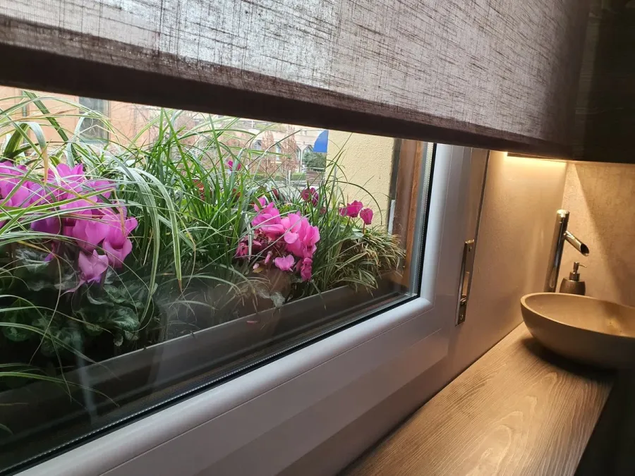 La finestra con i ciclamini, accanto al lavabo