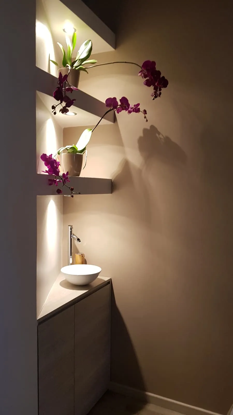 La nicchia con le orchidee e il lavabo