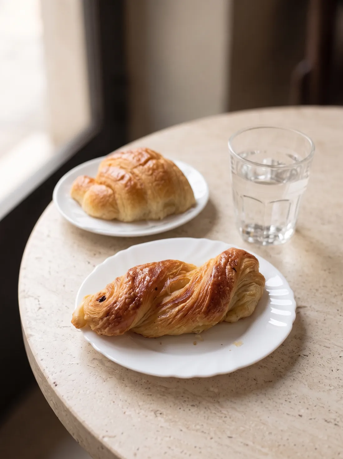 Un cappuccino e un cornetto su un tavolino, con un bicchiere d'acqua.