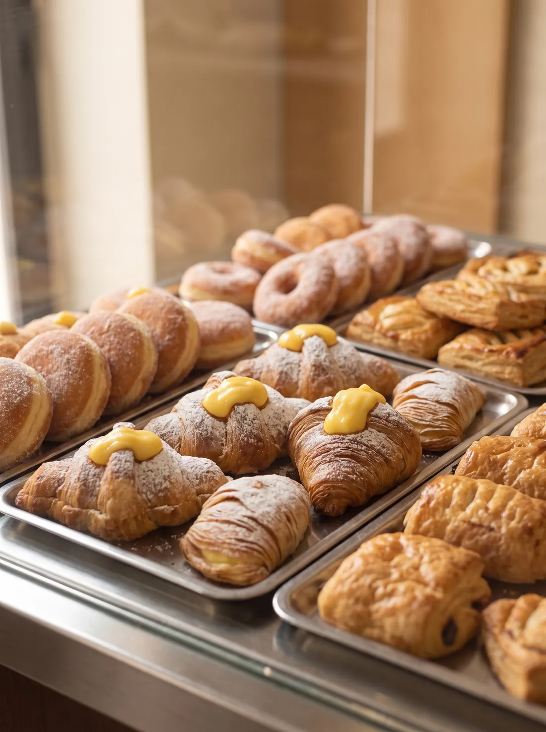 La vetrina dei cornetti e delle brioche, spolverate di zucchero.