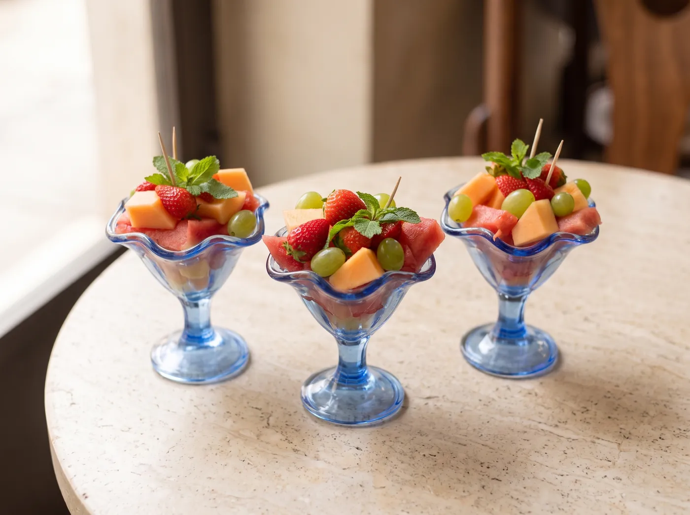 Spiedini di frutta fresca in coppette blu.