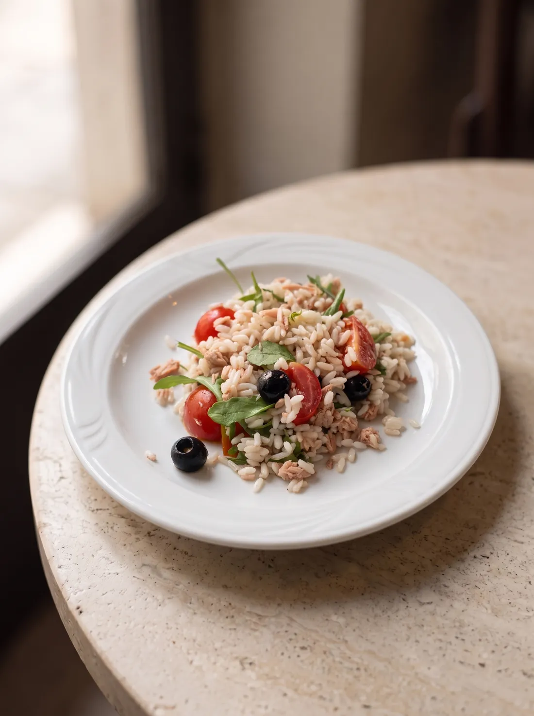 Un'insalata di riso con olive e pomodorini.